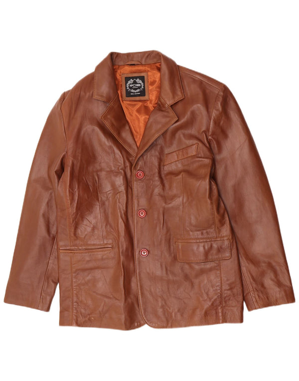 Jaqueta blazer masculina vintage de couro com 3 botões Reino Unido 40 couro marrom grande