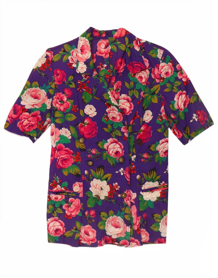 Jaqueta blazer feminina vintage com peito duplo Reino Unido 14 floral roxo médio