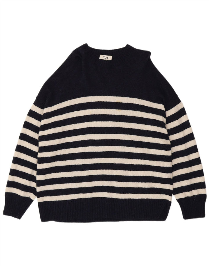 Suéter feminino Cos com gola redonda UK 14 lã listrada azul marinho médio