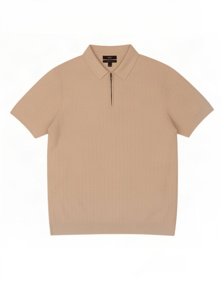Camisa polo masculina Marks & Spencer grande algodão espinha de peixe bege
