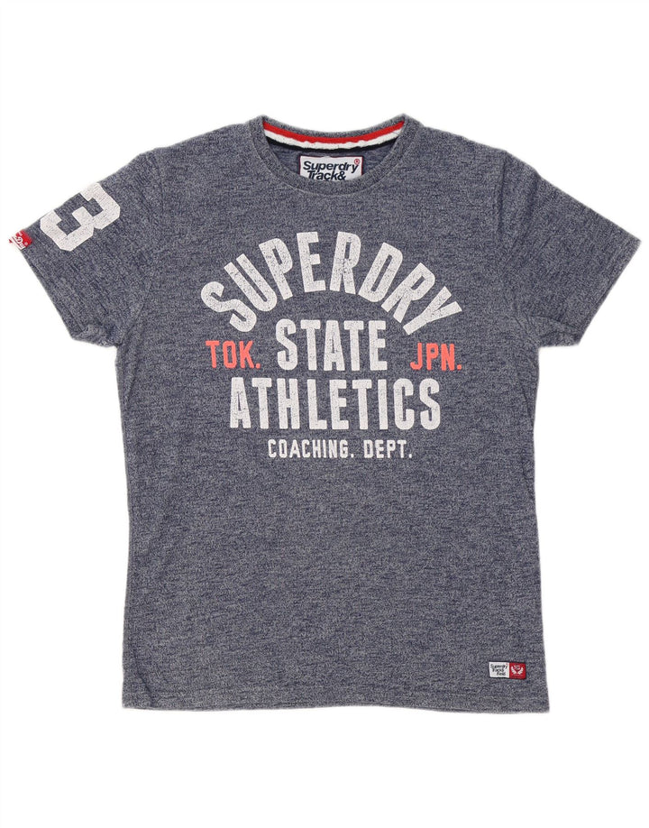 Camiseta masculina SUPERDRY com estampa de atletismo e algodão grande azul manchado