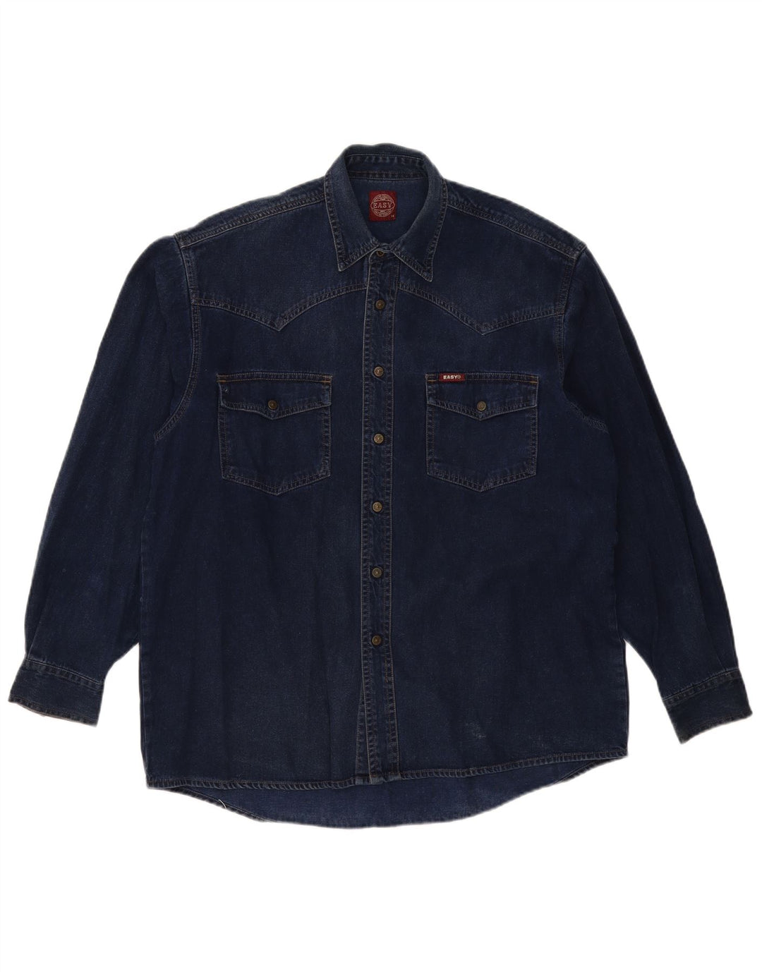 Camisa jeans masculina fácil de algodão azul marinho médio