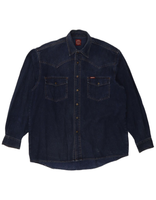 Camisa jeans masculina fácil de algodão azul marinho médio