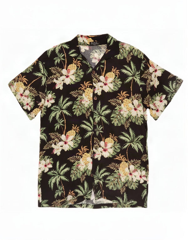 Camisa masculina vintage de manga curta média preta floral viscose havaiana