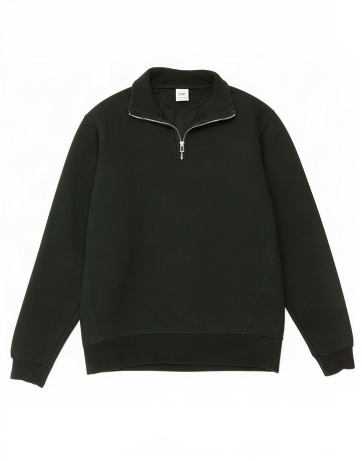 Moletom masculino Zara com zíper e gola alta de algodão verde médio
