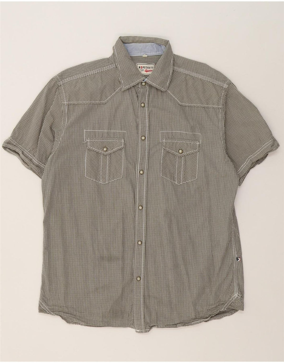 PECKOTT Mens Graphic Short Sleeve Shirt Large Khaki Gingham Cotton Vintage Peckott and Second-Hand Peckott from Messina Hembry 