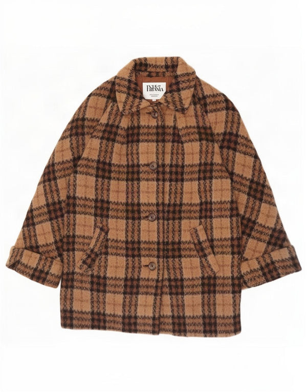 Sobretudo feminino vintage Reino Unido 14 lã xadrez marrom médio