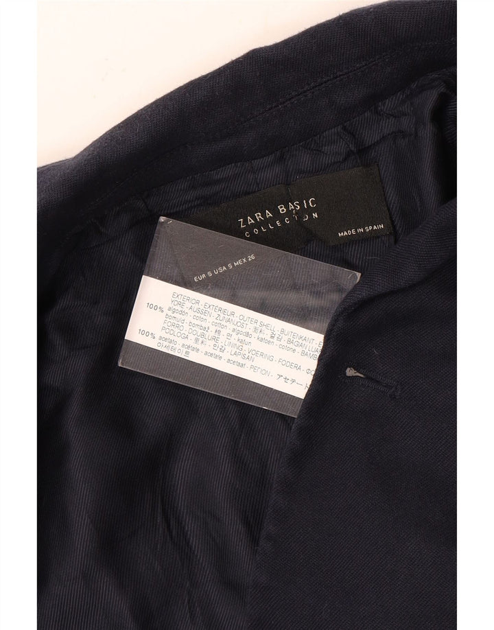 Jaqueta blazer feminina ZARA com peito duplo Reino Unido 10 pequeno algodão azul marinho