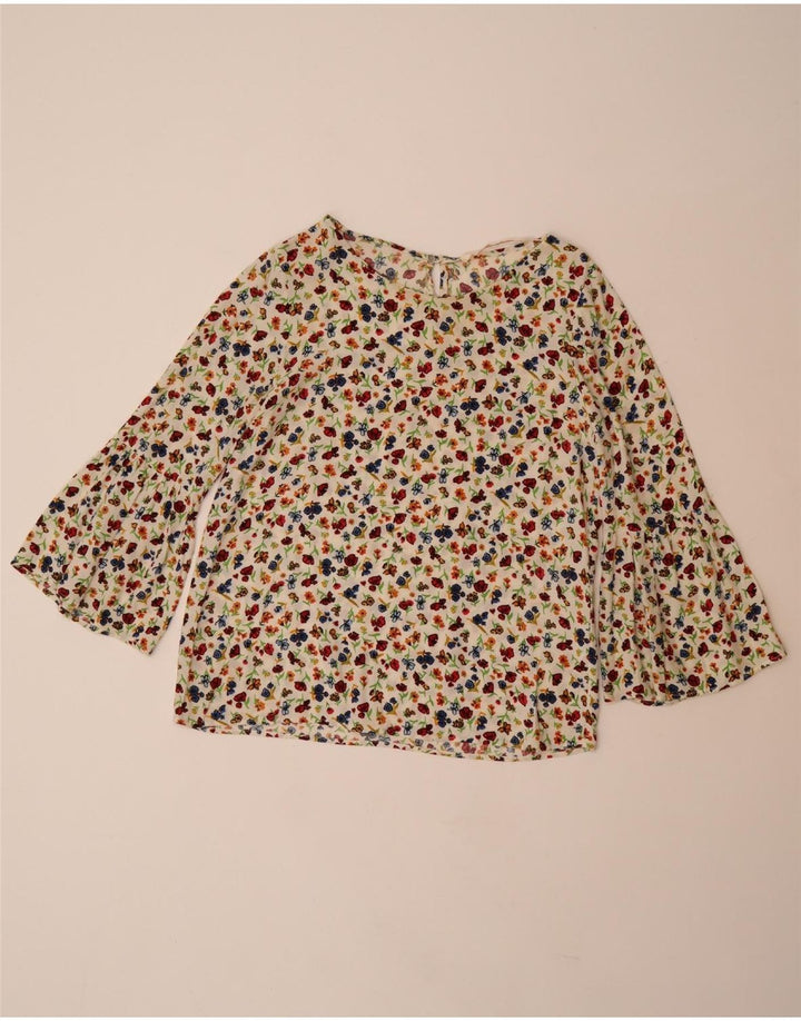 Blusa feminina manga 3/4 ZARA Reino Unido 10 pequena viscose floral branca