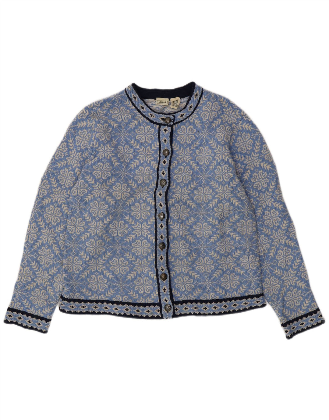Suéter cardigã feminino L.L.BEAN UK 16 grande azul Fair Isle Merino lã