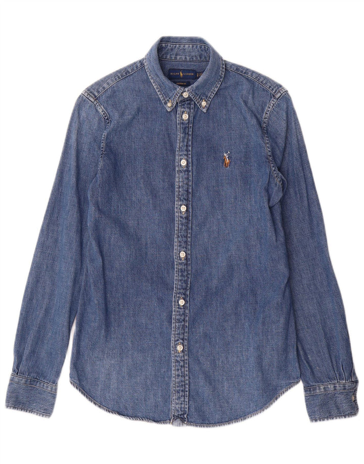 Camisa jeans masculina Ralph Lauren com ajuste personalizado pequeno azul algodão