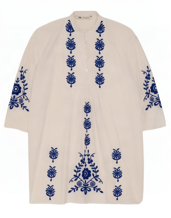 Zara Vestido feminino manga 3/4, Reino Unido 14, médio, branco, floral, algodão