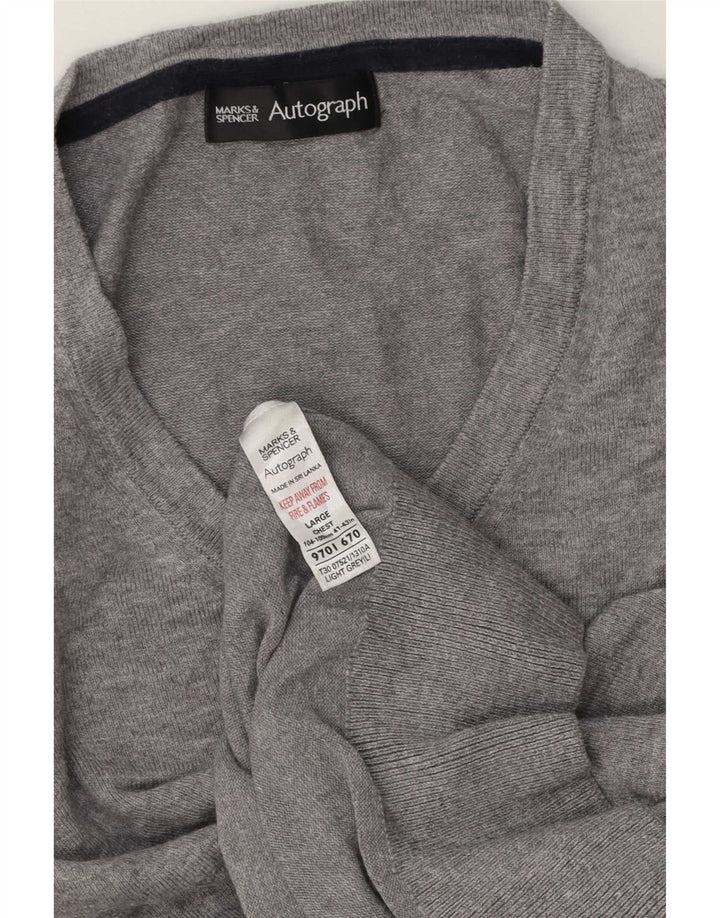 Suéter masculino Marks & Spencer Autograph com decote em V, grande algodão cinza