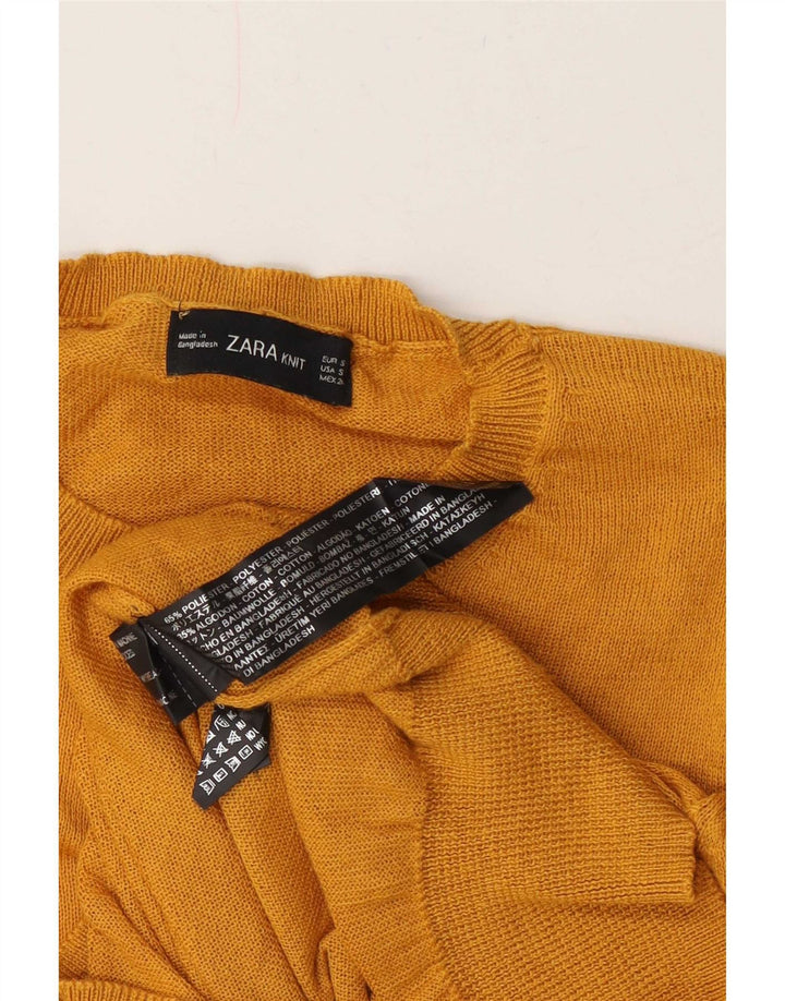Zara Suéter feminino cropped com gola redonda Reino Unido 10 pequeno poliéster amarelo