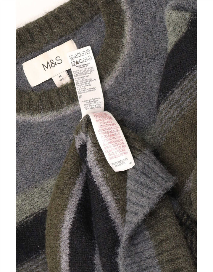 Suéter masculino Marks & Spencer com gola redonda listrado cáqui médio