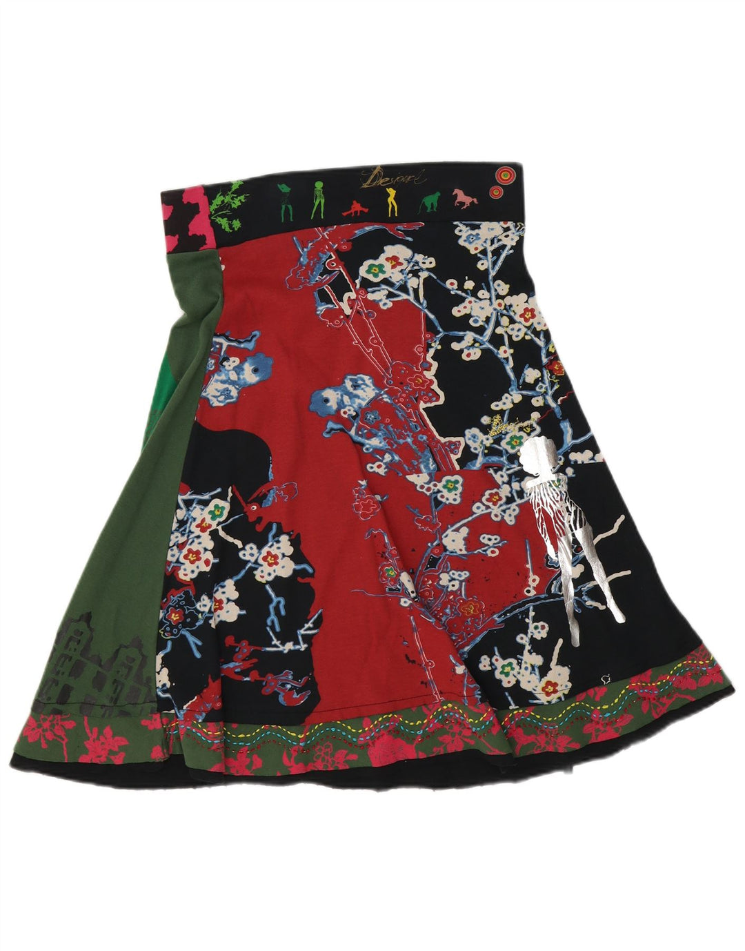 Desigual saia feminina gráfica linha A médio W32 preto patchwork algodão