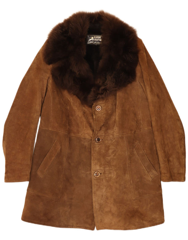 Sobretudo masculino vintage de shearling Reino Unido 38 couro bege médio