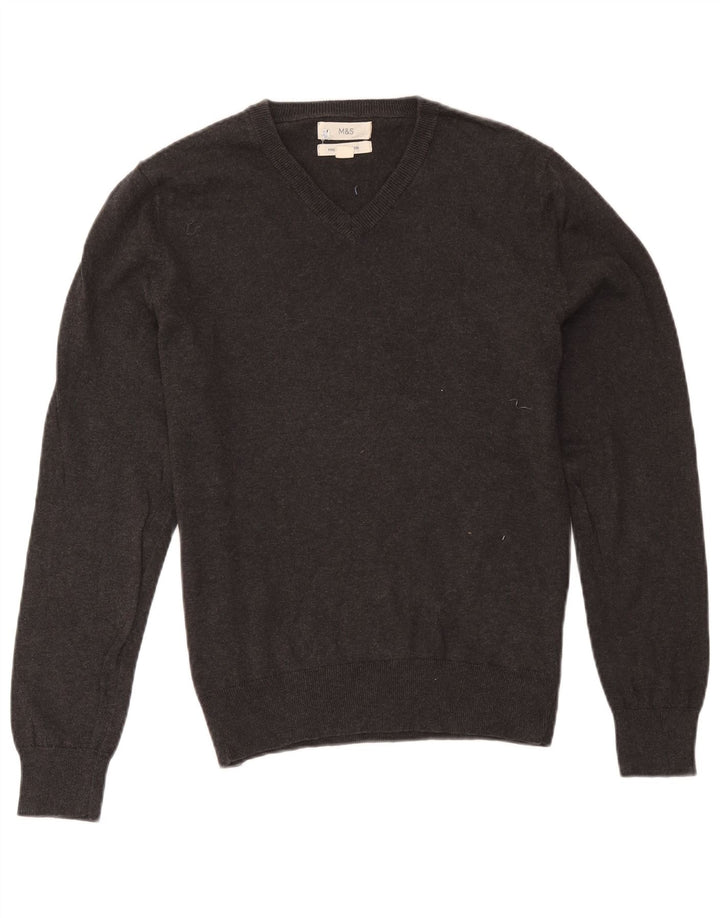 Suéter masculino Marks & Spencer com decote em V, algodão cinza médio