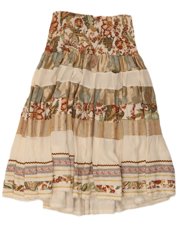 Saia feminina vintage cintura alta larga W28 viscose floral bege médio