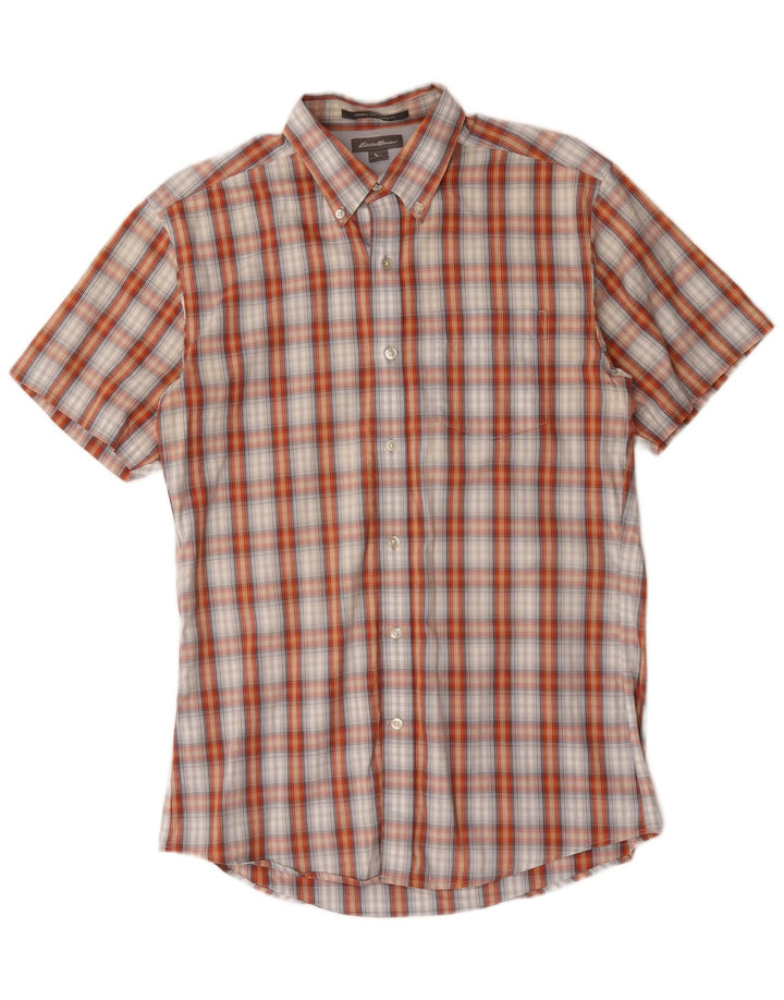 Eddie Bauer Camisa masculina de manga curta clássica de ajuste pequeno laranja xadrez algodão