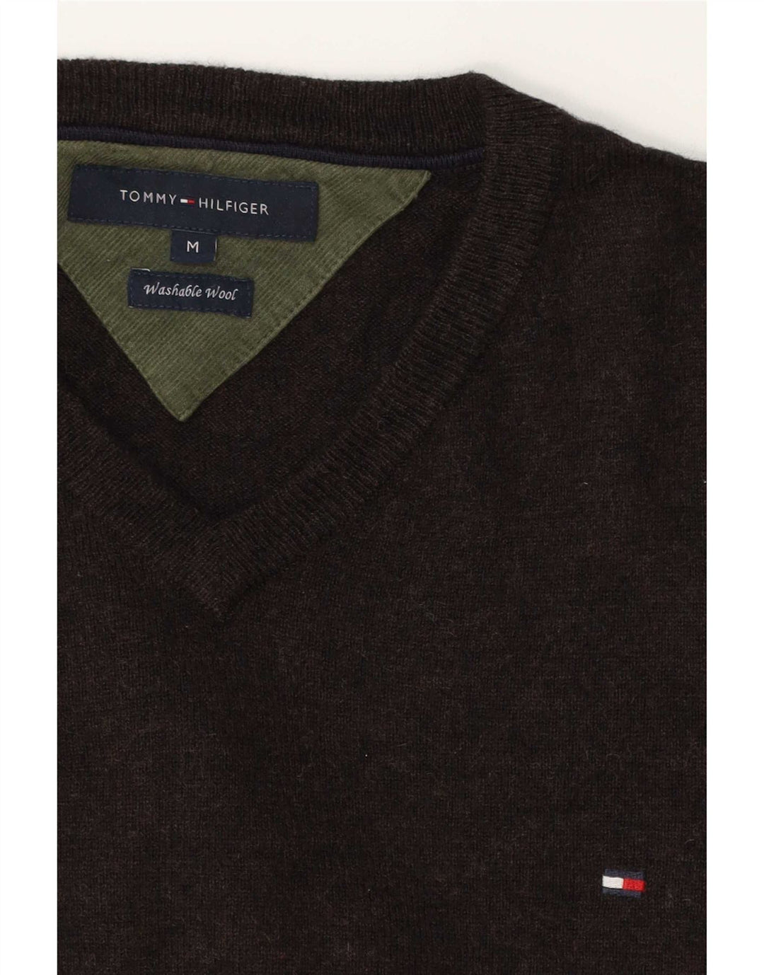Suéter masculino Tommy Hilfiger com decote em V de lã marrom médio