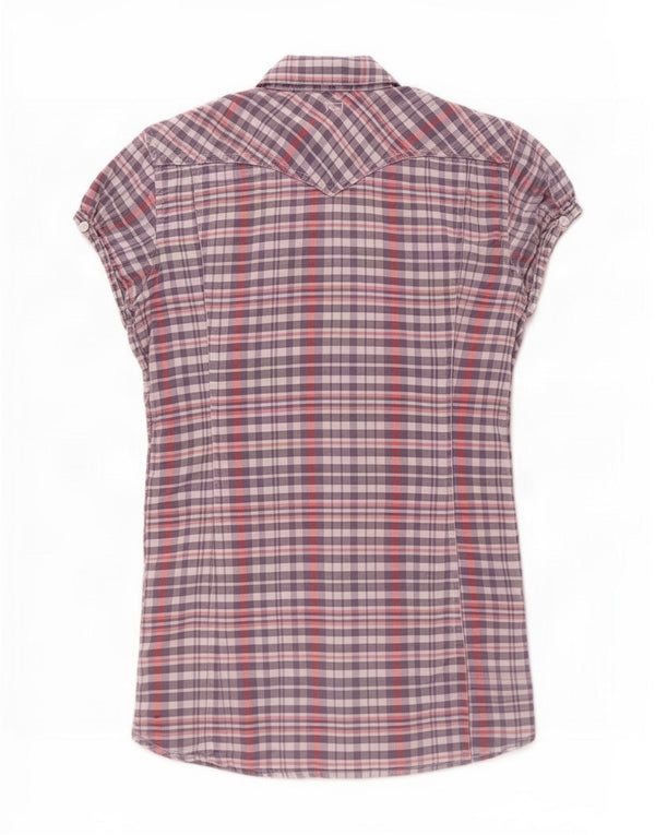 Blusa feminina de manga curta Levi's UK 10 pequena algodão xadrez azul marinho