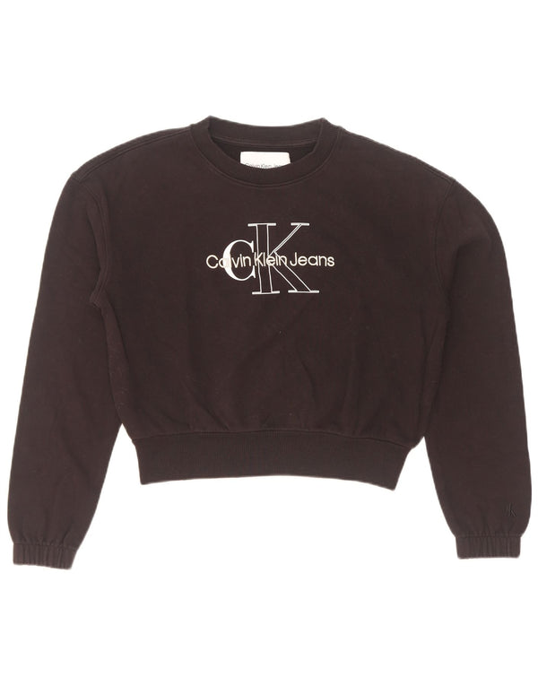 Calvin Klein Jeans feminino cropped moletom gráfico suéter Reino Unido 10 pequeno preto