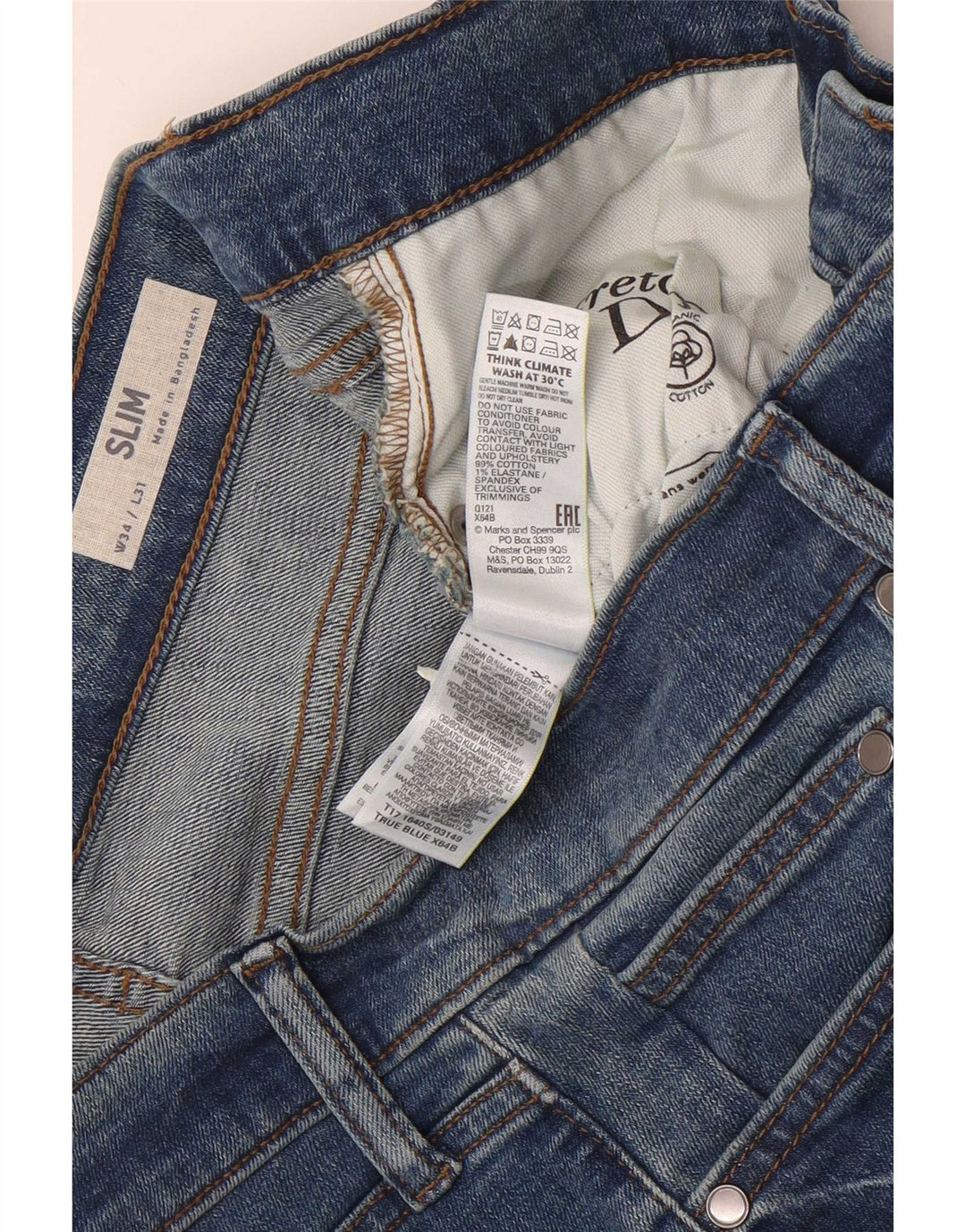 Marks & Spencer Mens Slim Jeans W34 L31 Azul Algodão