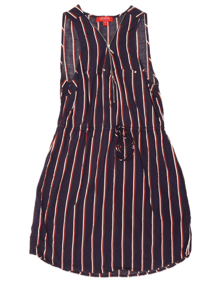 Guess Vestido básico feminino sem mangas UK 12 viscose listrada azul marinho médio