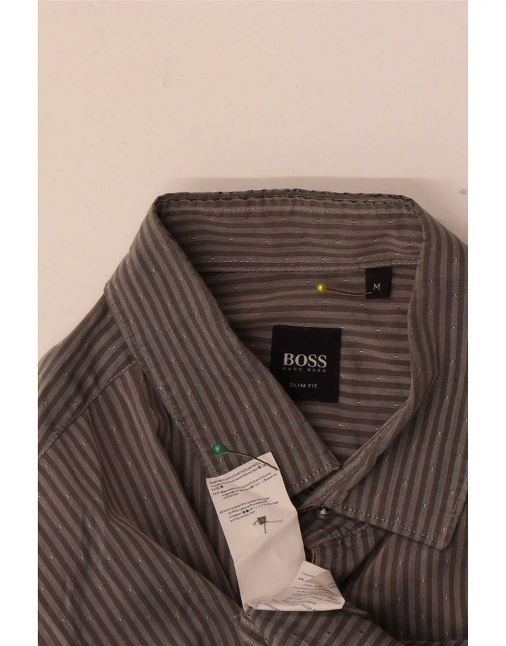 Camisa masculina Hugo Boss Slim Fit cinza médio risca de giz algodão