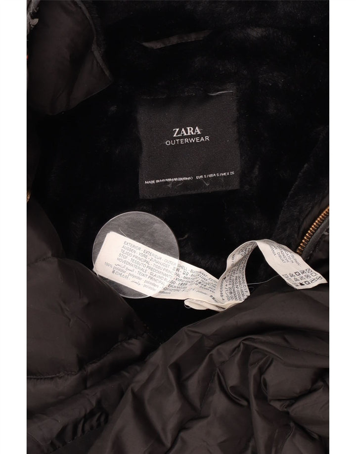 Zara Jaqueta feminina com capuz Sherpa acolchoada UK 10 poliéster preto pequeno