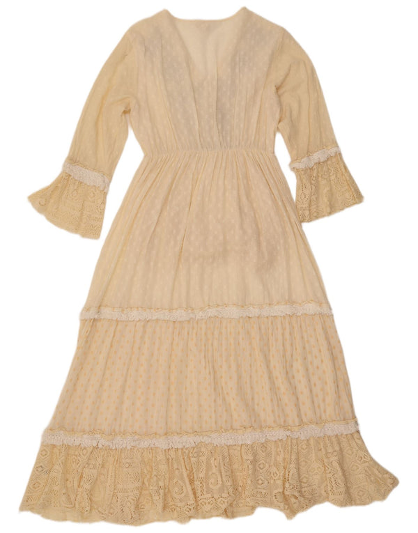 Vestido maxi feminino vintage de manga comprida Reino Unido 12 algodão paisley amarelo médio