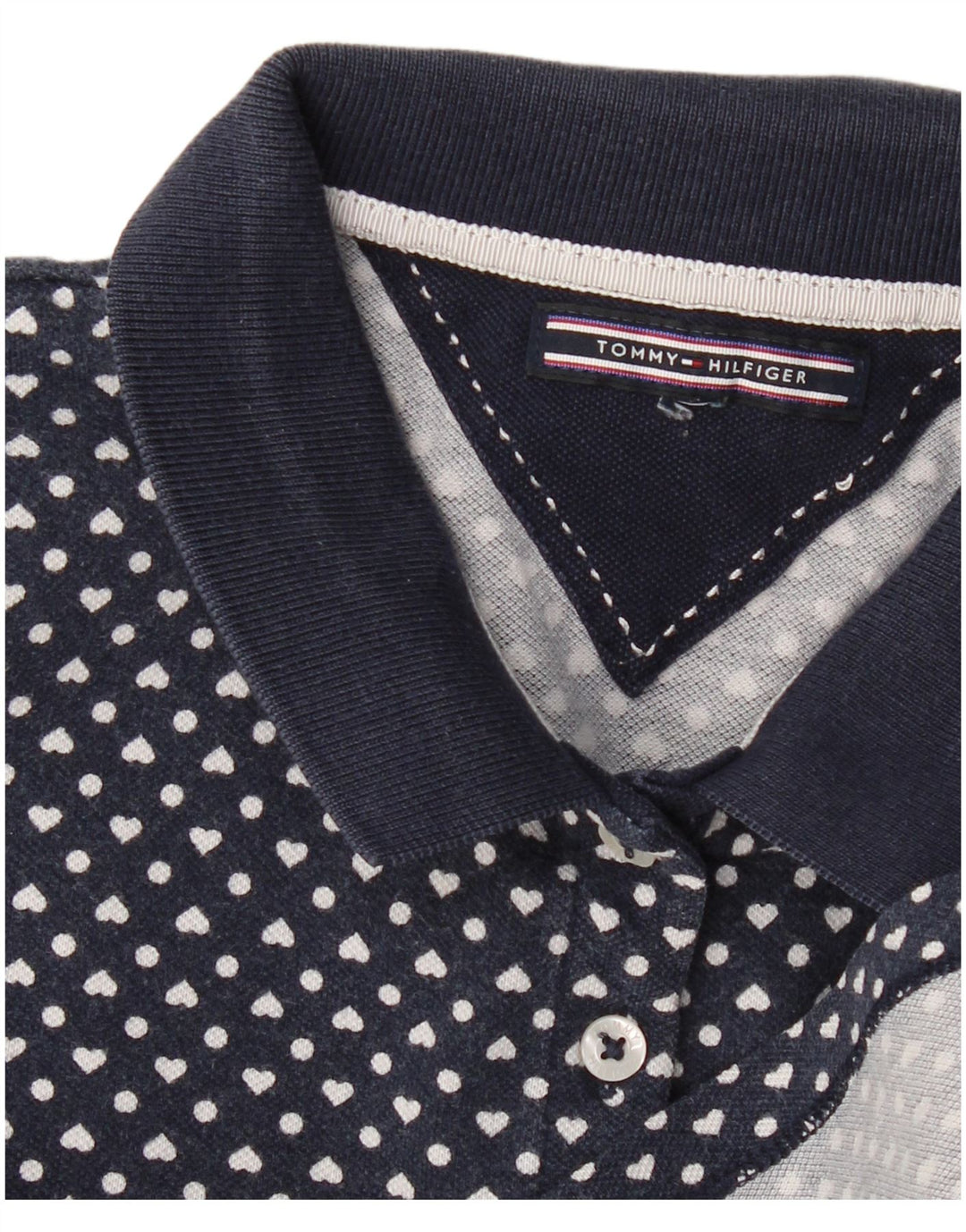 Camisa polo feminina TOMMY HILFIGER Reino Unido 12 médio azul marinho manchado