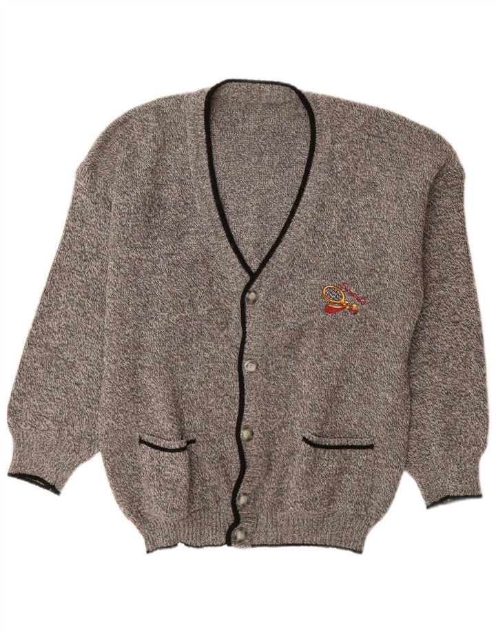 Suéter cardigã masculino vintage grande lã manchada cinza