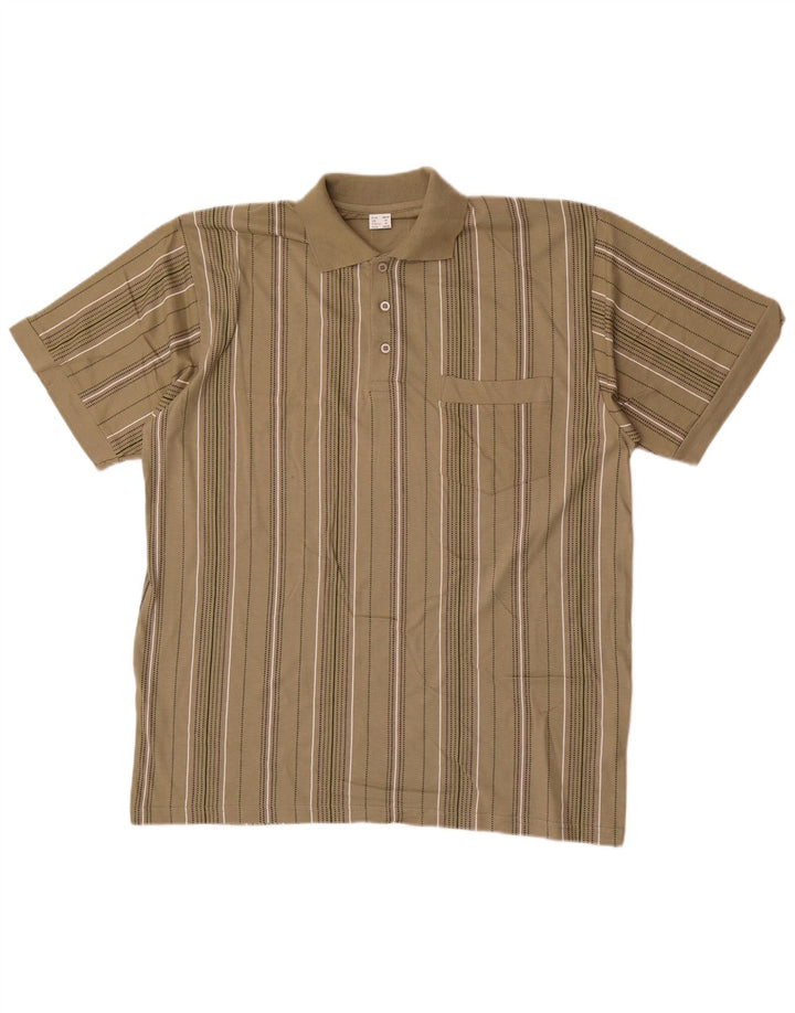 Camisa polo masculina vintage de algodão listrado cáqui médio