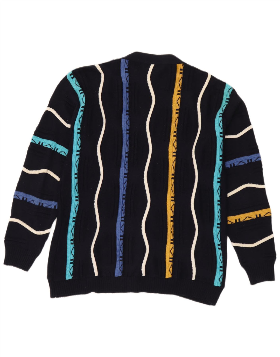 Suéter cardigã masculino vintage de algodão listrado azul marinho médio