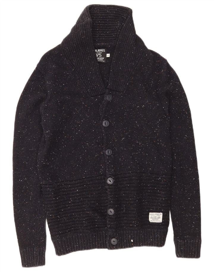 Suéter cardigã masculino Jack & Jones pequeno algodão manchado azul marinho