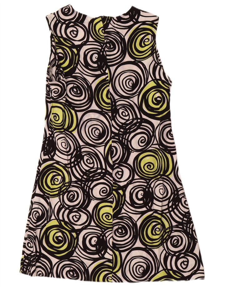 Vestido feminino VINTAGE sem mangas evasê UK 14 médio preto geométrico