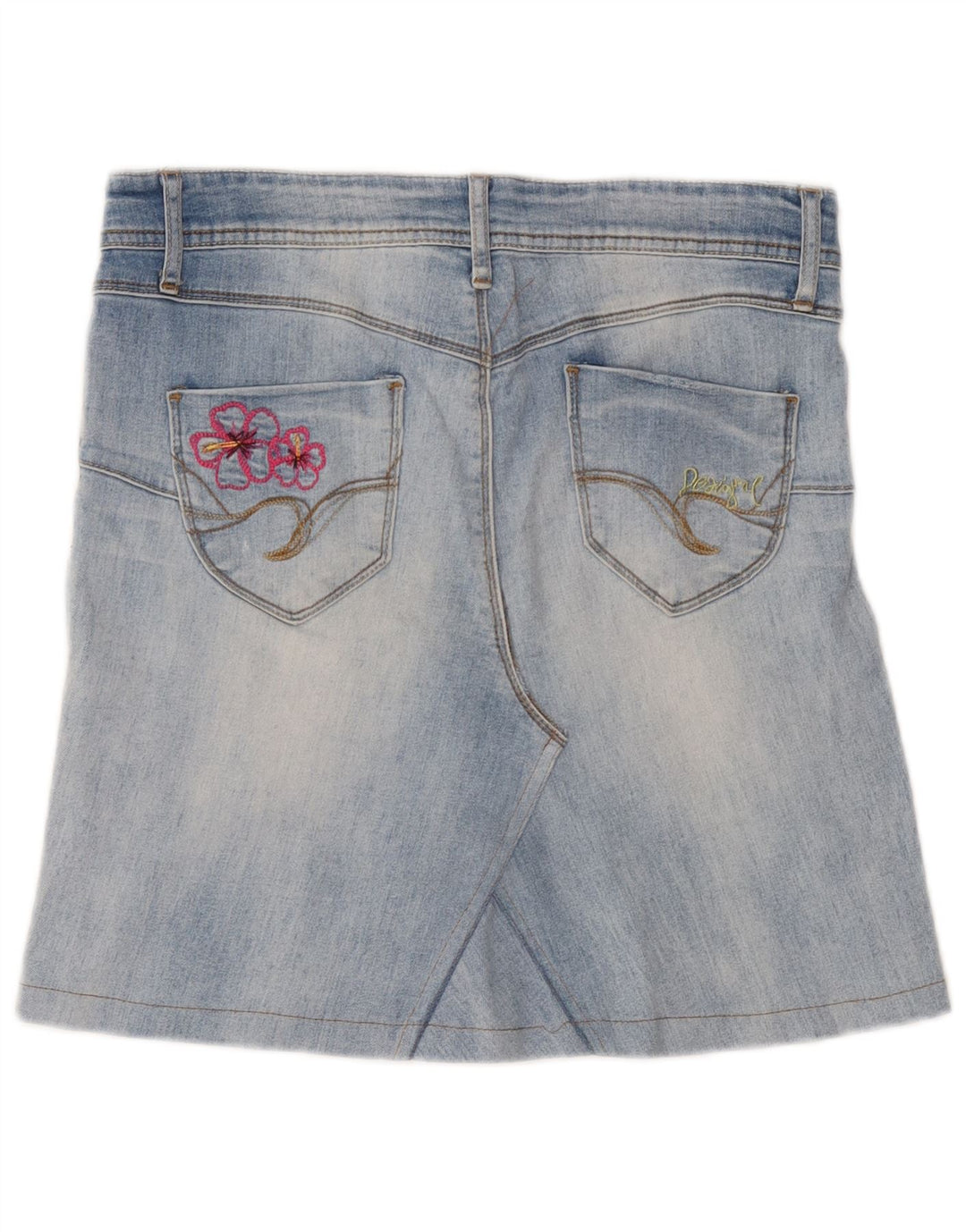 Mini saia jeans feminina Desigual gráfica W30 azul médio floral