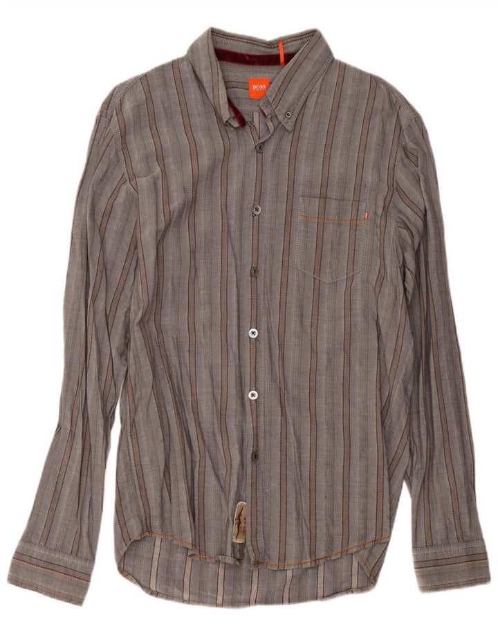 Camisa masculina Hugo Boss XL algodão listrado cinza