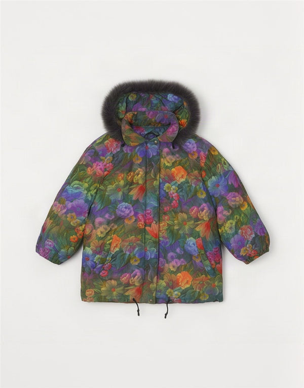 Jaqueta acolchoada com capuz feminino vintage UK 14 floral multicolorido médio