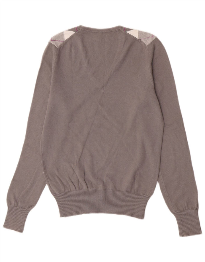 Suéter feminino Benetton com decote em V Reino Unido 10 pequeno cinza Argyle / diamante