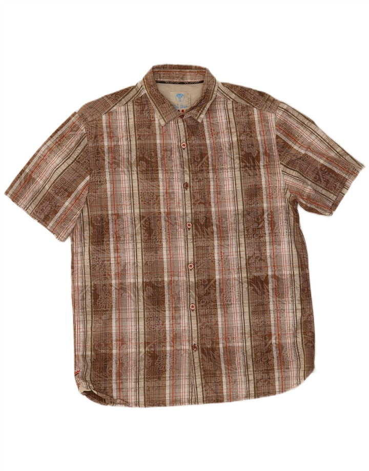 Camisa masculina de manga curta Fat Face, algodão xadrez marrom médio