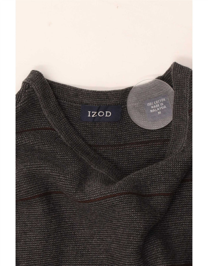 Suéter masculino Izod com gola redonda e algodão listrado cinza médio