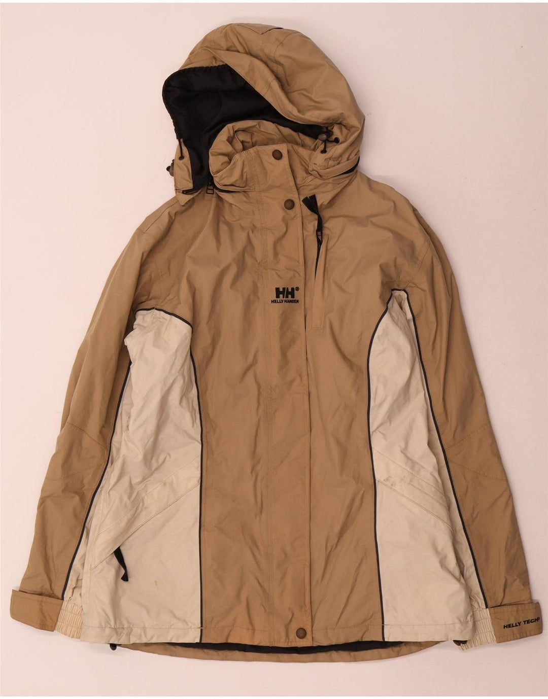 Jaqueta de chuva feminina Helly Hansen com capuz UK 14 Medium Beige Colourblock Nylon