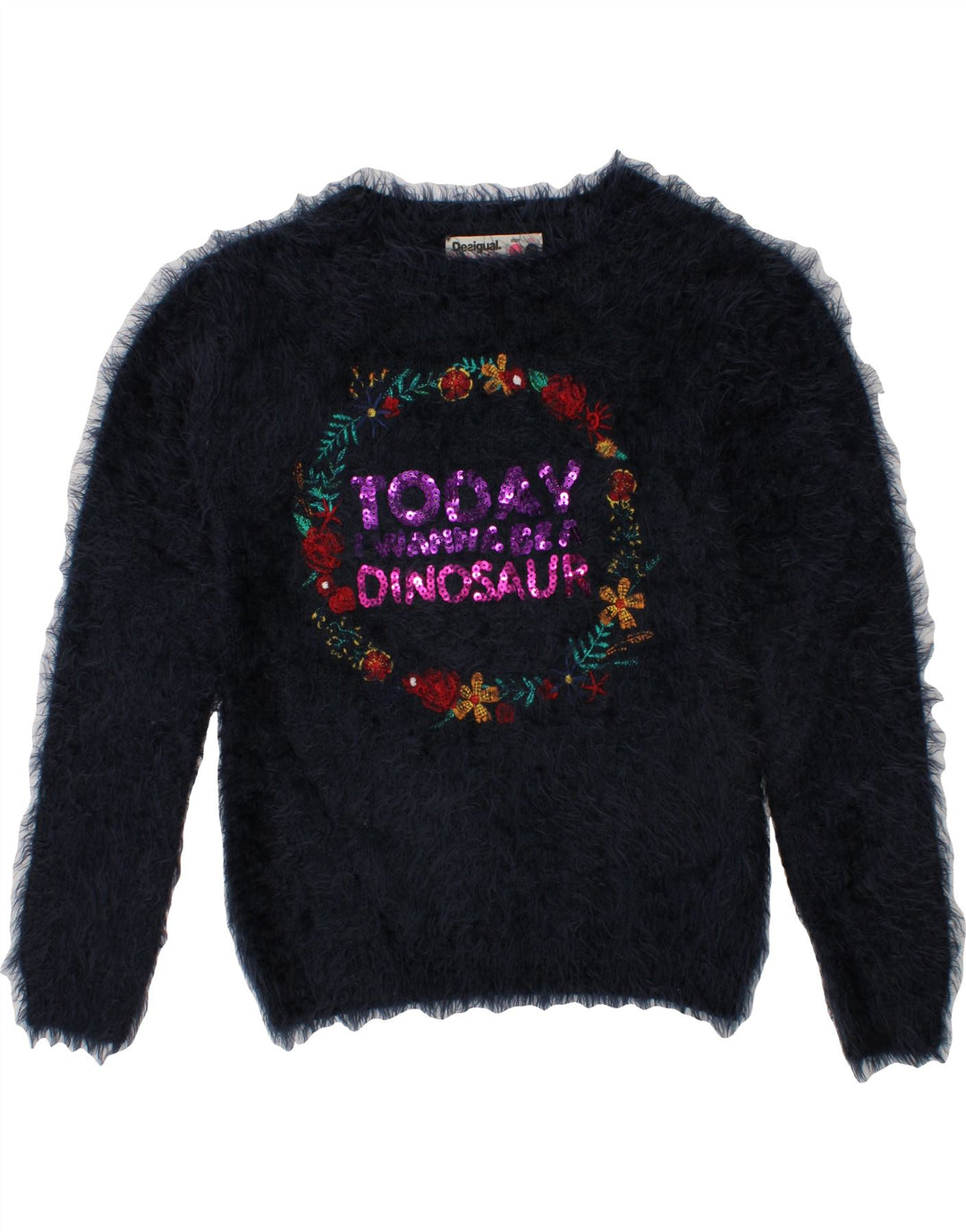DESIGUAL Girls Graphic Boat Neck Jumper Sweater 7-8 Years Navy Blue Vintage Desigual and Second-Hand Desigual from Messina Hembry 
