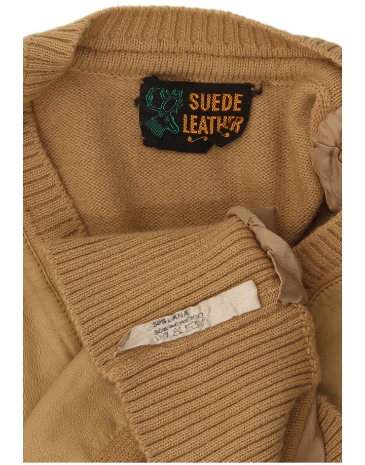 Suéter masculino vintage com decote em V pequeno de lã bege