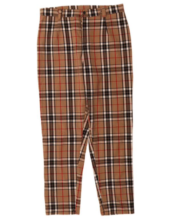Calça casual feminina vintage slim fit XL W30 L28 algodão xadrez marrom