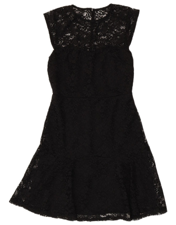 Vestido feminino Warehouse sem mangas com renda evasê UK 10 pequeno floral preto