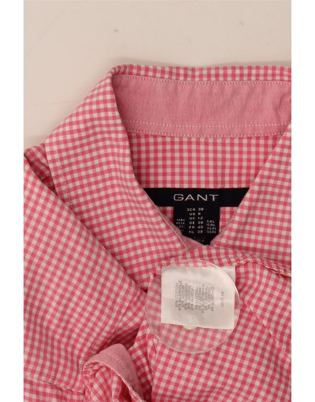 Camisa feminina de manga curta Gant UK 12 algodão guingão rosa médio